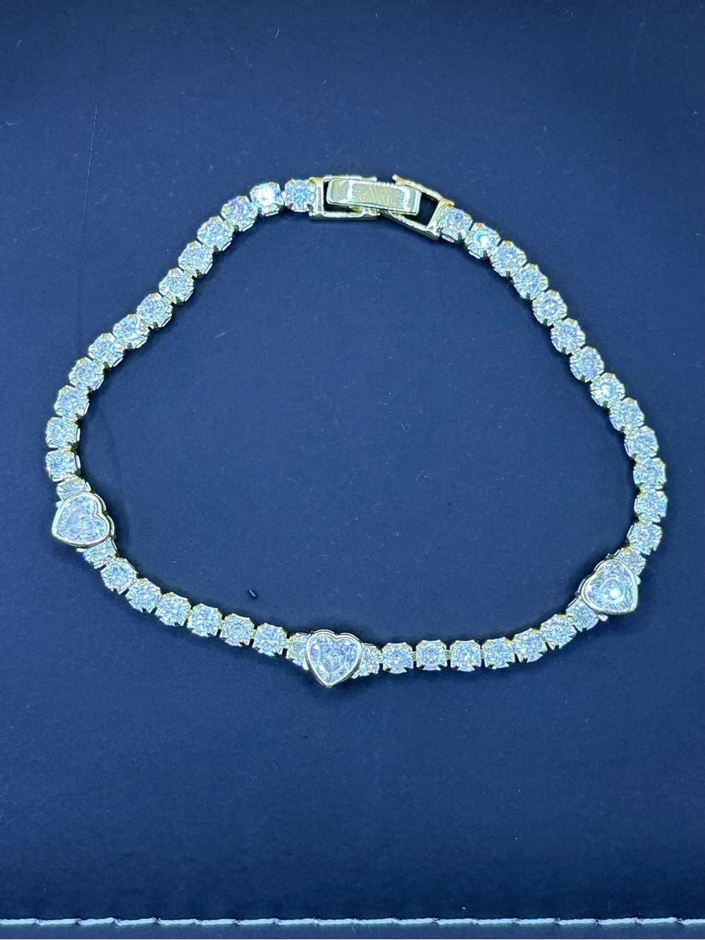 Gold-Tone Heart Accent Tennis Bracelet with Clear Glass Stones